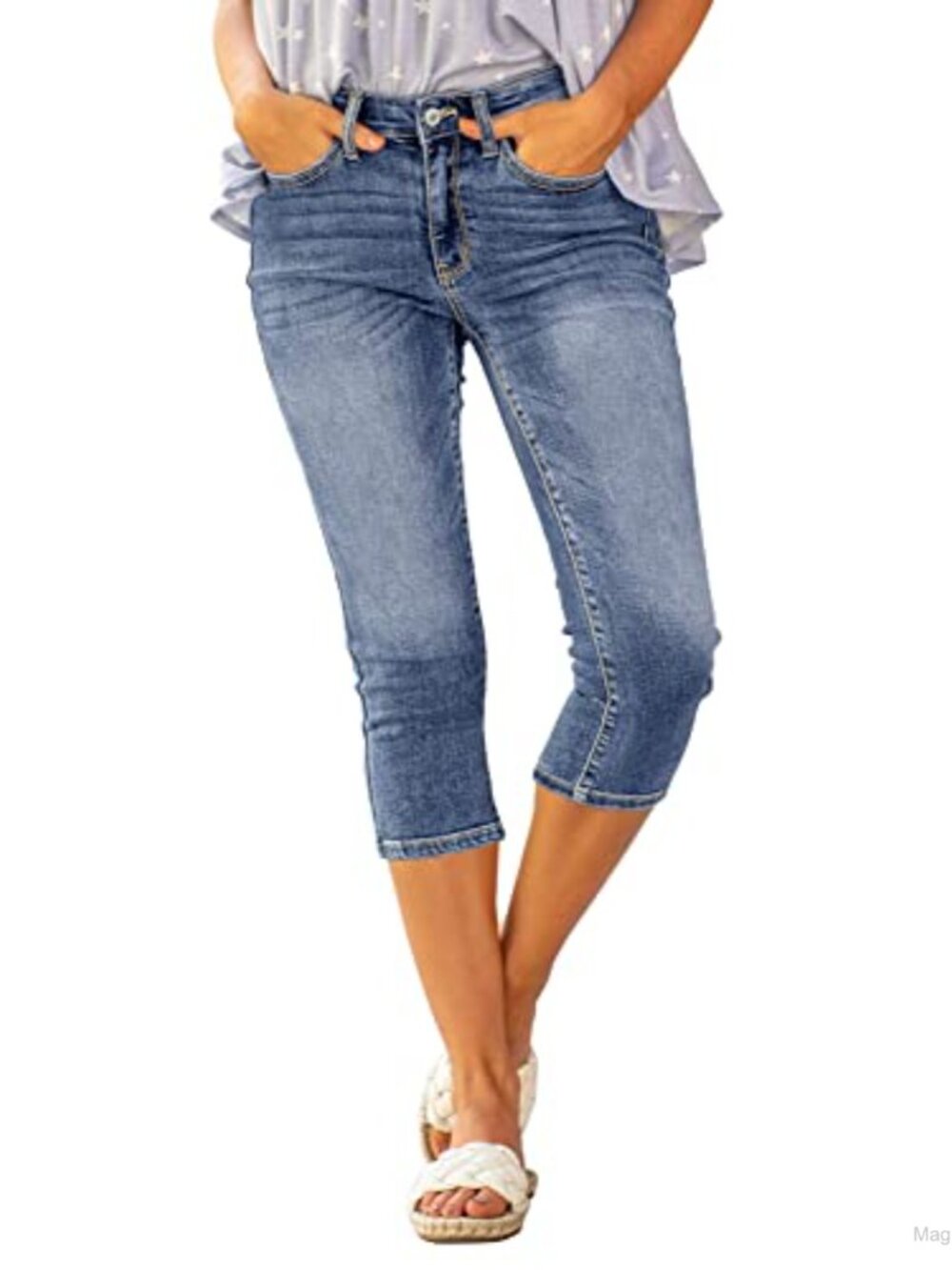 High Waisted Skinny Capri Jeans Ripped Distressed Denim Stretch 20" Inseam